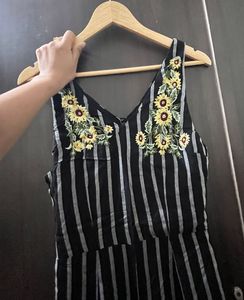 Striped Jumpsuit with Floral Embroidery