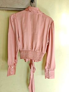 Elegant Pink Satin Tie-Front Blouse