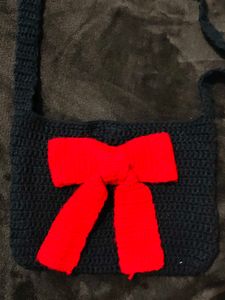 Handmade Crochet Black Crossbody Bag with Red Bow