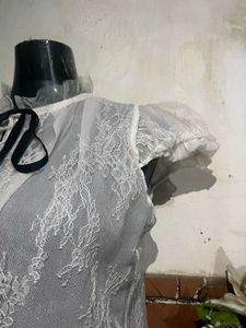 Sheer Lace Blouse with Ribbon Tie