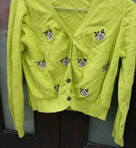 Cute Embroidered Lime Green Cardigan - XL Size