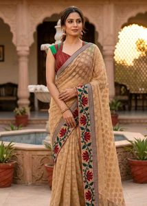 Elegant Beige Saree with Polka Dots