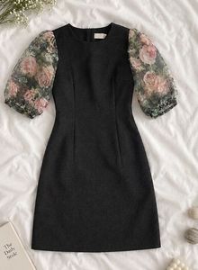 Chic Black Dress with Floral Puff Sleeves