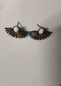 Oxidised Silver Afghani Boho Fan Stud Earrings - W