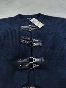 trendy look Navy Blue Knit Sweater with belt style