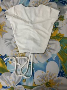 White Ruched Tie-Up Crop Top