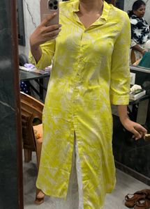 Bright Yellow Leaf Print Kurta