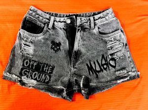 Tokyo Talkies Grey Distressed Graphic Denim Shorts