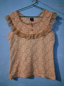 Lace Round Neck Cap Sleeve Top