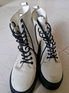 Chunky White Lace-Up Boots