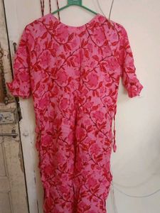 Vibrant Pink Floral Kurta with Embellished Necklin