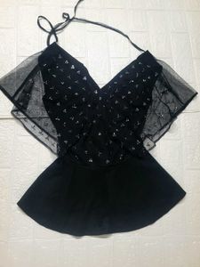 Chic Black Embellished Sheer Top