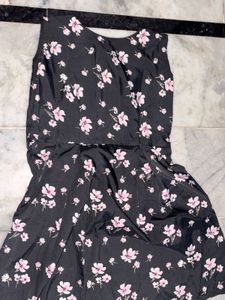 Black Floral Print A-Line Dress
