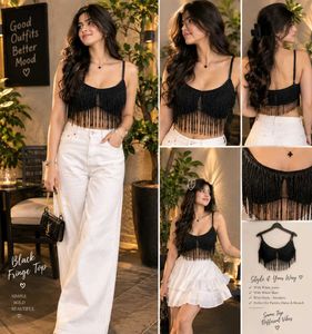 🇳🇿💫🎀Stylish Black Fringe Crop Top