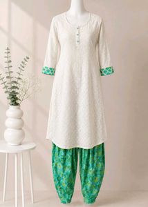 Elegant White Kurta with Teal Accents