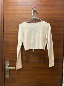 Beige Ruched Long Sleeve Crop Top