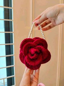 Crochet Unique Rose Clutch Bag with Pearl Handle