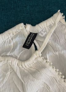 White Halter Neck Top with Pom-Pom Trim