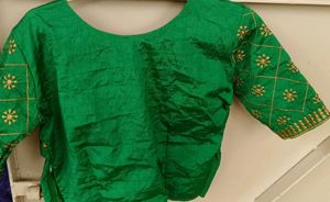 Embellished Green Silk Blouse with pink lehenga