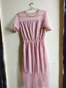 Romantic Pink Mesh &amp; Embroidered Midi Dress