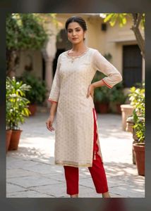 Elegant XL adjustible Beige Kurta with Gold Motifs