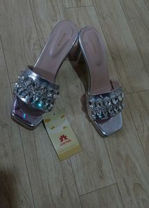 Shoux Embellished Silver Block Heels