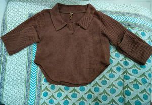 Brown Waffle Knit Collared Top