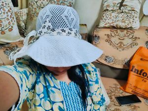 White Sun Hat with Floral Ribbon