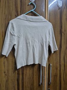 Beige Collared Knit Crop Top