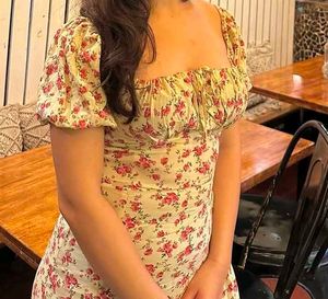 Floral Print Puff Sleeve Midi Dress