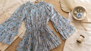 Light Blue Floral Bell Sleeve Top