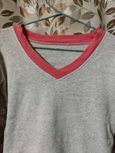 Gray V-Neck Sweatshirt with Pink Trim