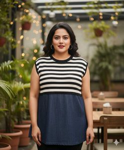 Denim Dress With Black And White Stripes