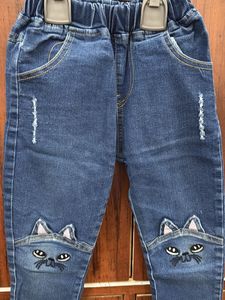 Cute Cat Embroidered Denim Jeans for Girls