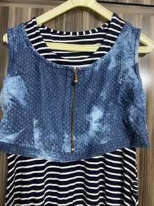 Striped Midi Dress with Denim Overlay