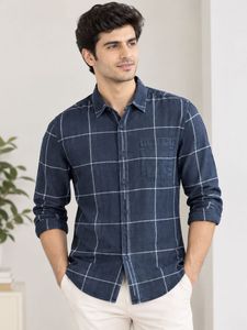 Men's Blue Plaid Long Sleeve Shirt