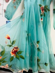 Teal Blue Handpainted Floral Anarkali pant set