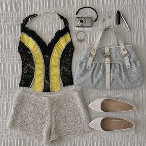 Stylish Yellow & Black Halter Top with Lace
