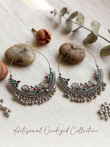 Oxidized Silver Peacock Hoop Earrings