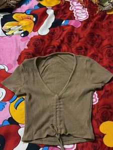 Ribbed V-Neck Drawstring brownTop
