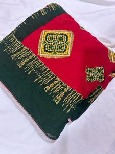 Red & Green Bandhani Saree without blouse piece