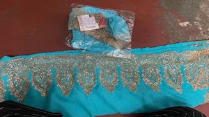 Teal &amp; Gold Embroidered Indian Saree