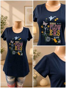 Cute Navy Blue Floral Print T-Shirt