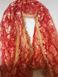 Red Lace Dupatta with Gold Border