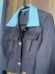 Brown Cropped Jacket with White Collar