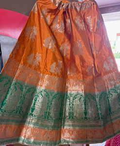 Royal Orange &amp; Emerald Green Zari Brocade Gujarati