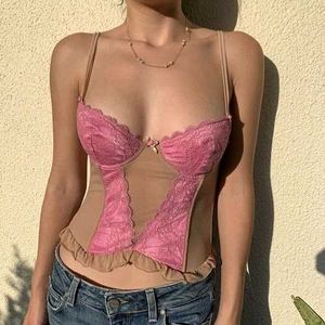 Cute Pink &amp; Brown Lace Corset Top