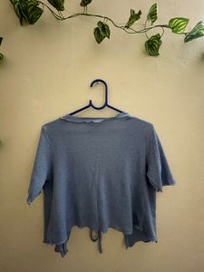 Blue Ribbed Tie-Front Cropped Cardigan