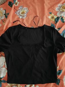 Ribbed Black Square Neck Top