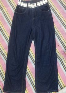 Dark Wash wide leg jeans with Striped Belt